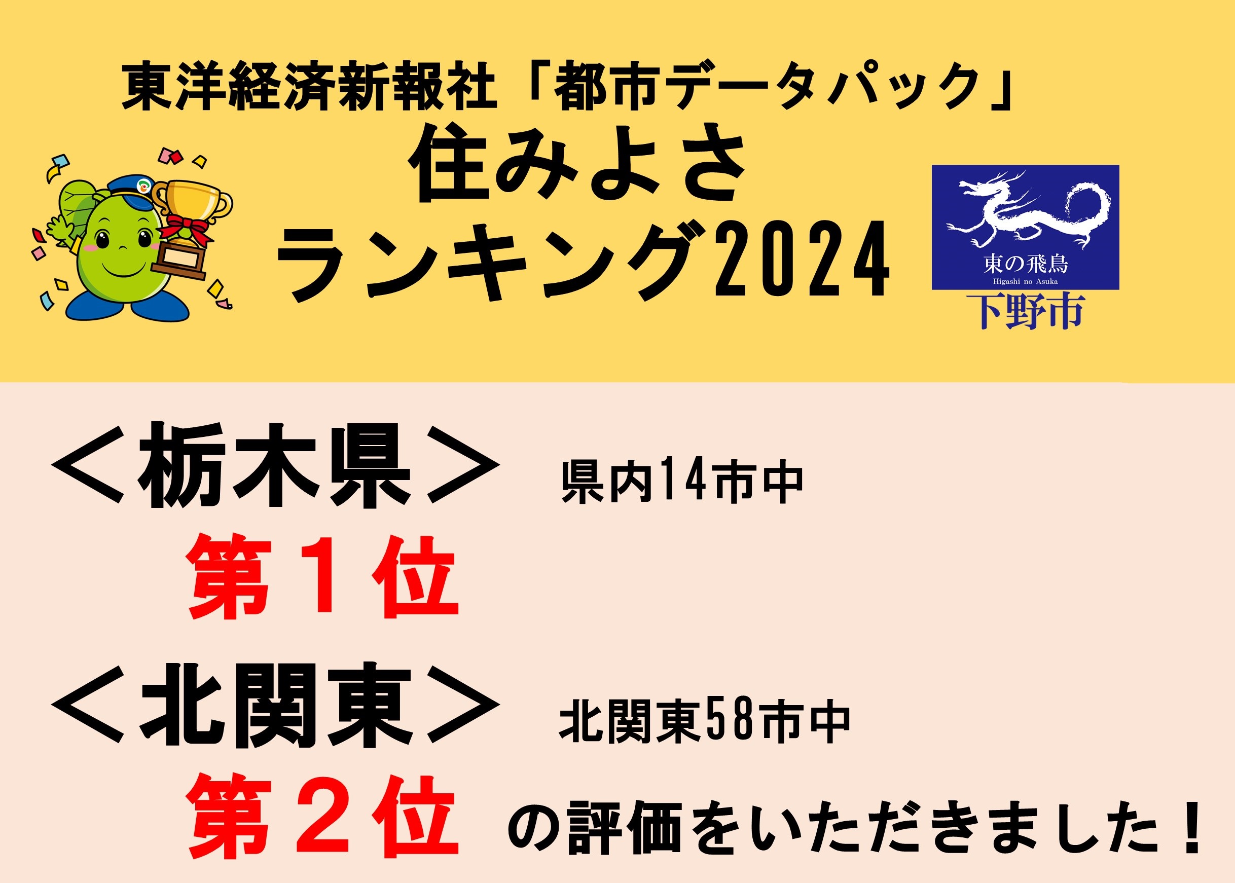 東洋経済新報社「住みよさランキング2024」で栃木県第1位の評価をいただきました