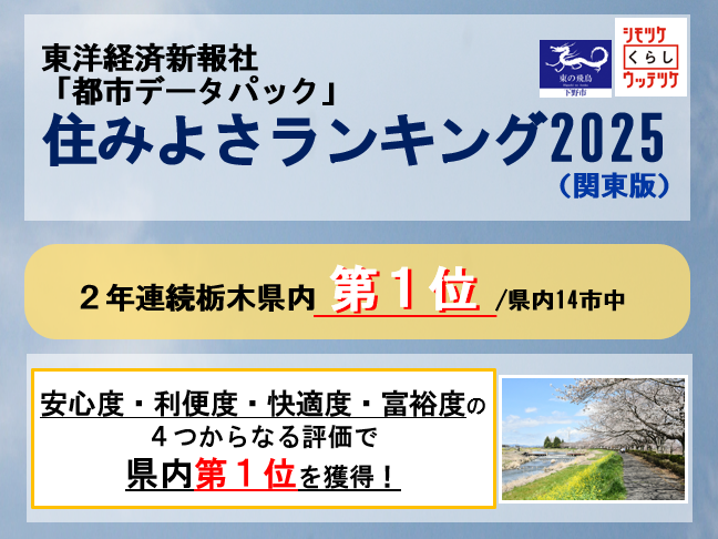 東洋経済新報社「住みよさランキング2025～関東版～」で栃木県第1位の評価をいただきました